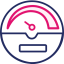 navy and pink icon of a speedometer with the arrow pointing at a lower speed