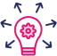 navy and pink icon of a lightbulb with a cog wheel in the middle and arrows shooting out of the bulb