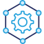 navy and blue icon of a cog wheel surrounded by connected dots