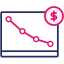 navy and pink icon of a screen with a chart and a money icon