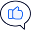 navy and yellow icon of a chat bubble with a thumbs up