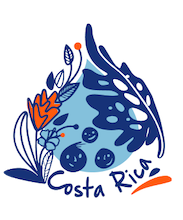 Blue Costa Rica-themed logo with coral, marine life, and tropical elements