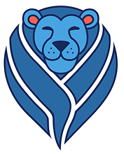 Blue lion head logo with flowing white and blue curved lines below