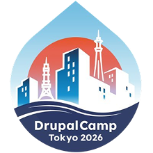 DrupalCamp Tokyo 2026 logo featuring blue water drop with city skyline silhouette